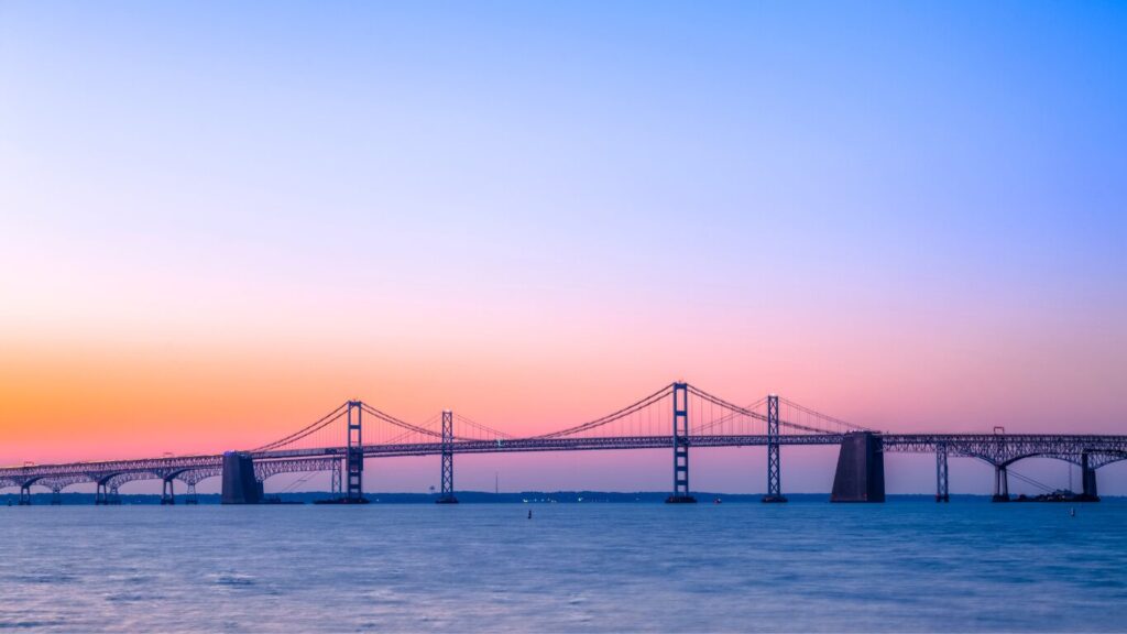 Chesapeake Bay Bridge at sunset – Scenic route to hidden East Coast spring break destinations Chesapeake Bay Bridge at sunset – Scenic route to hidden East Coast spring break destinations